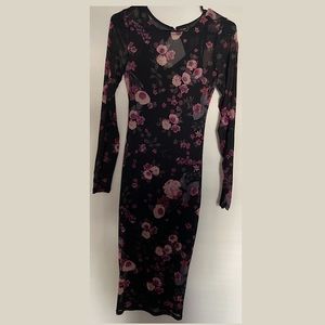 Beautiful Black Mesh Dress with dark & light pink roses with green stems/leaves.